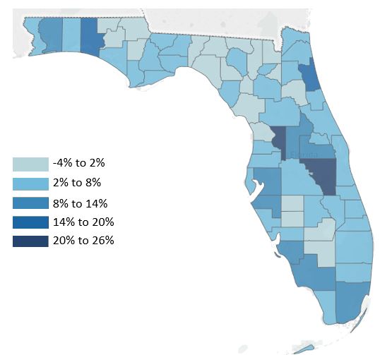 Map of population growth in Florida Counties&nbsp;