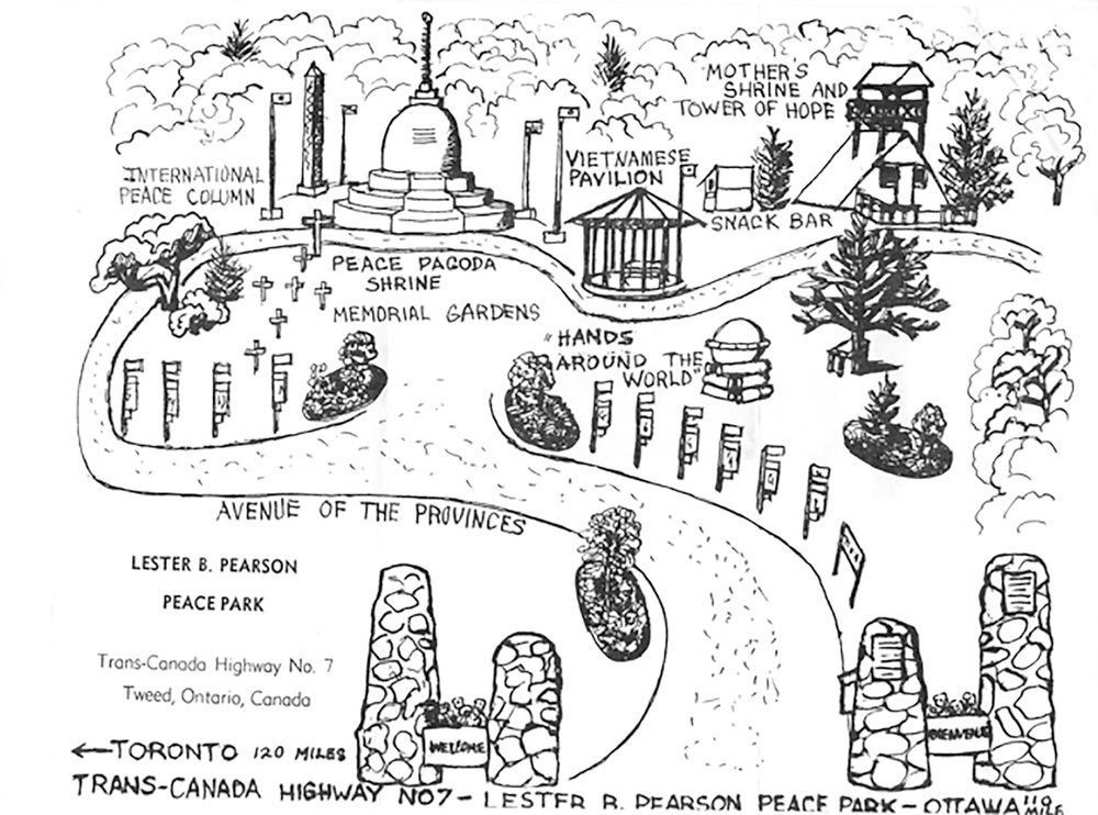 The Peace Park came into being during Canada’s centennial year of 1967, and was named for the prime minister of the time, Lester B. Pearson, who was a recipient of the Nobel Peace Prize. Sketch map courtesy Evan Morton, Tweed & Area Heritage Centre and The Tweed News