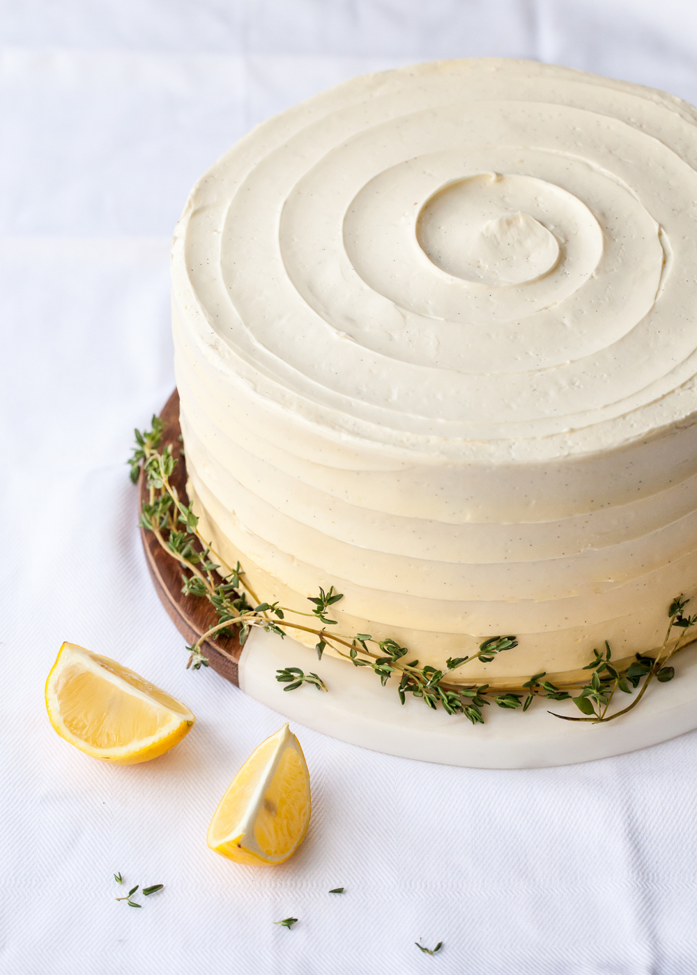 Lemon thyme cake with lemon curd buttercream and thyme syrup.