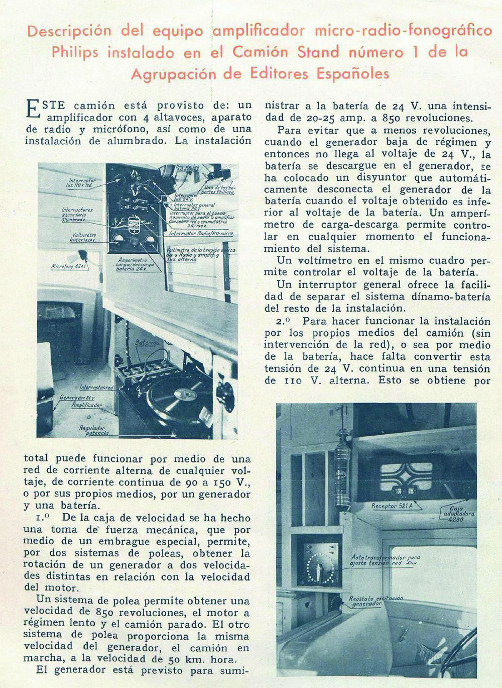 Espectacular interior del camión-stand en el número 37 de  Radio y Luz  (enero de 1935)
