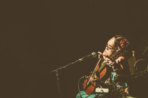 Gaelynn sings into a mic and holds a violin while performing onstage.