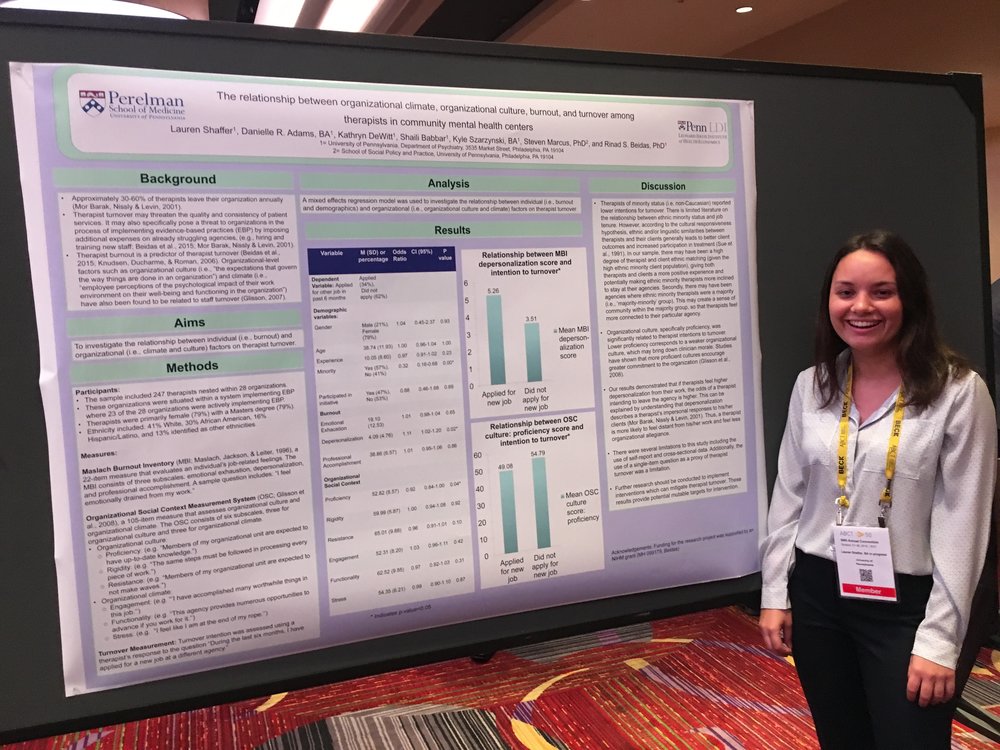 Lauren Shaffer, a research assistant in Dr. Beidas’ lab, presenting a poster at ABCT 