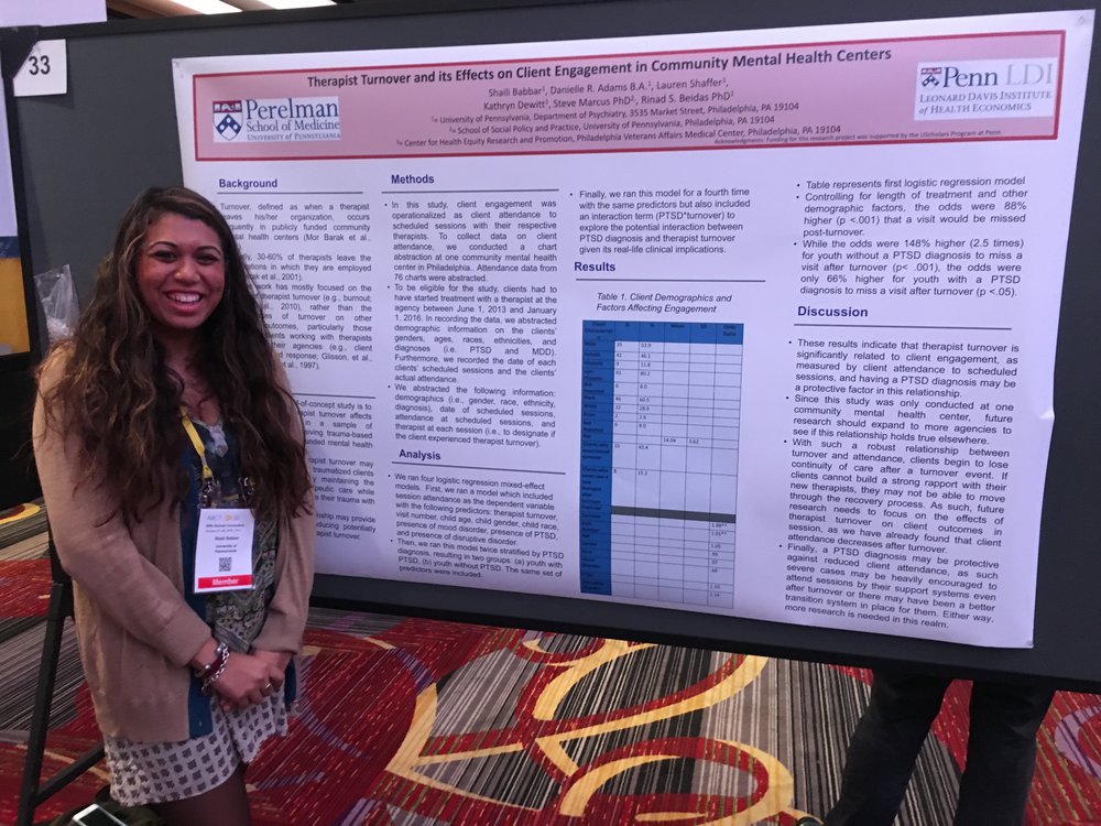 Shaili Babbar, a research assistant in Dr. Beidas’ lab, presenting a poster at ABCT on therapist turnover and its effects on client enagement in community mental health centers