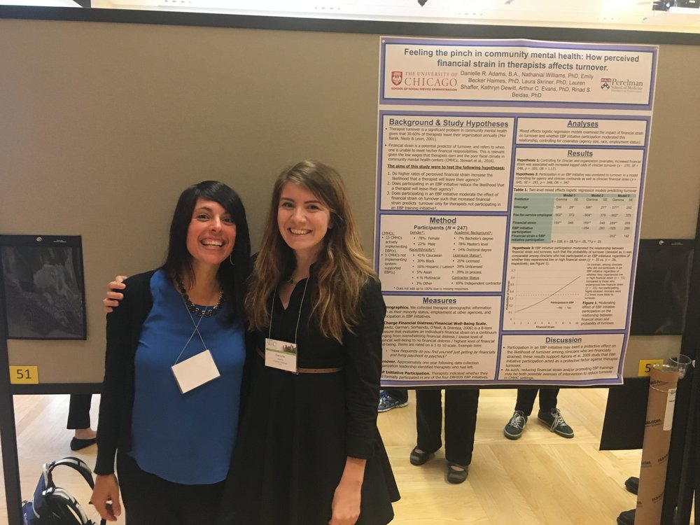 Rinad Beidas and Dani Adams in front of Dani's poster on how perceived financial strain in therapists affects turnover in Philadelphia community mental health at the SIRC Conference in September 2017