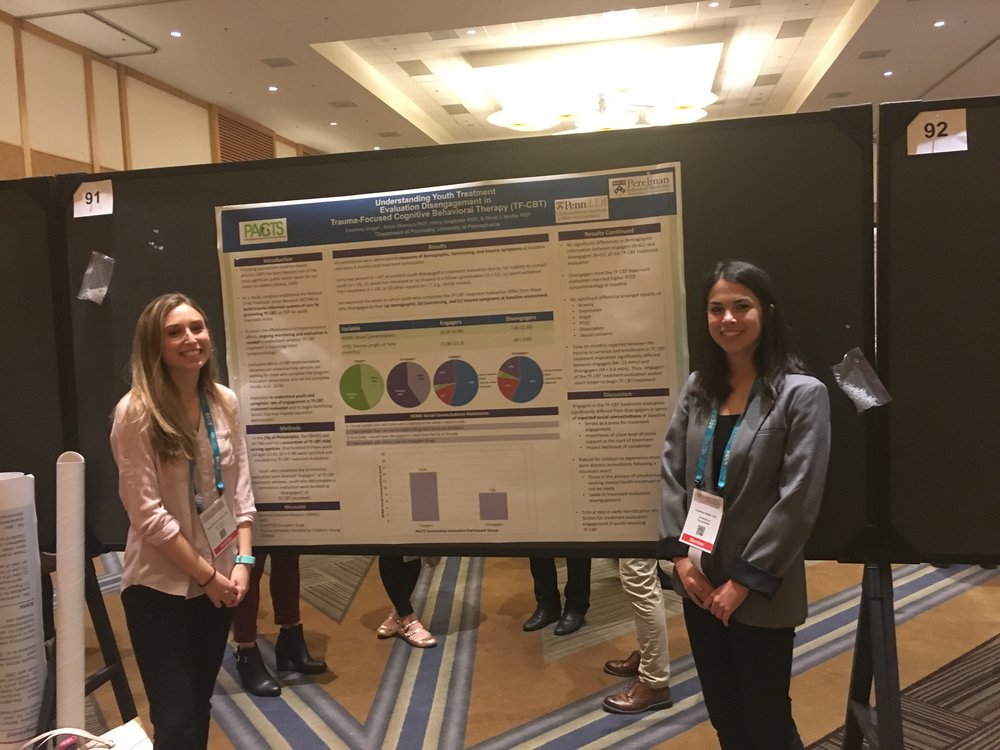  Dr. Emily Becker-Haimes (postdoctoral fellow) and Courtney Gregor (clinical research coordinator) presenting "Understanding Youth Treatment Evaluation Disengagement in Trauma-Focused Cognitive Behavioral Therapy" at ABCT in San Diego (November 2017) 