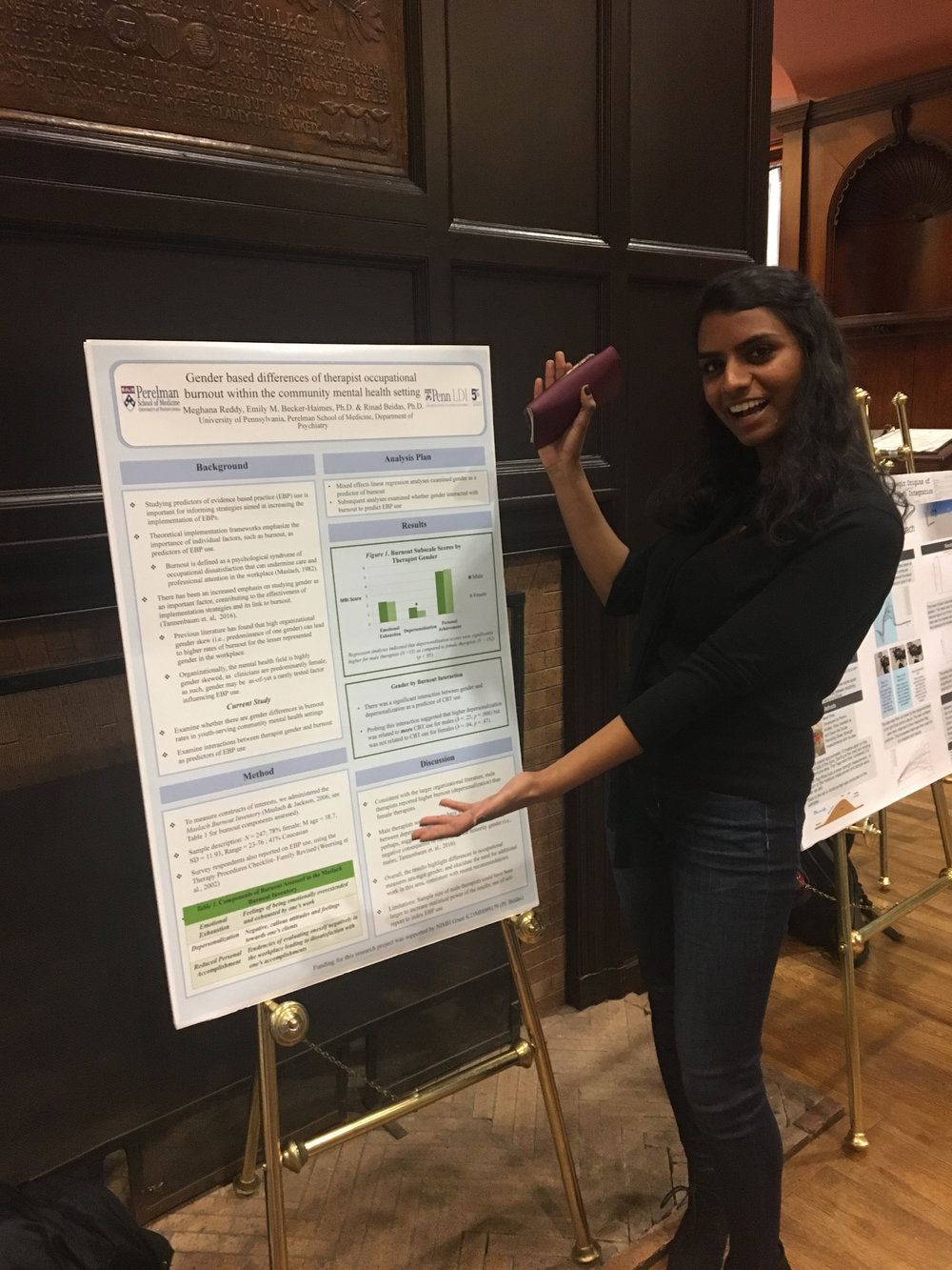  Meghana Reddy (Research Assistant of the Beidas Lab) presenting at the CURF Spring Symposium on gender based differences of therapist occupational burnout within the community mental health setting. 