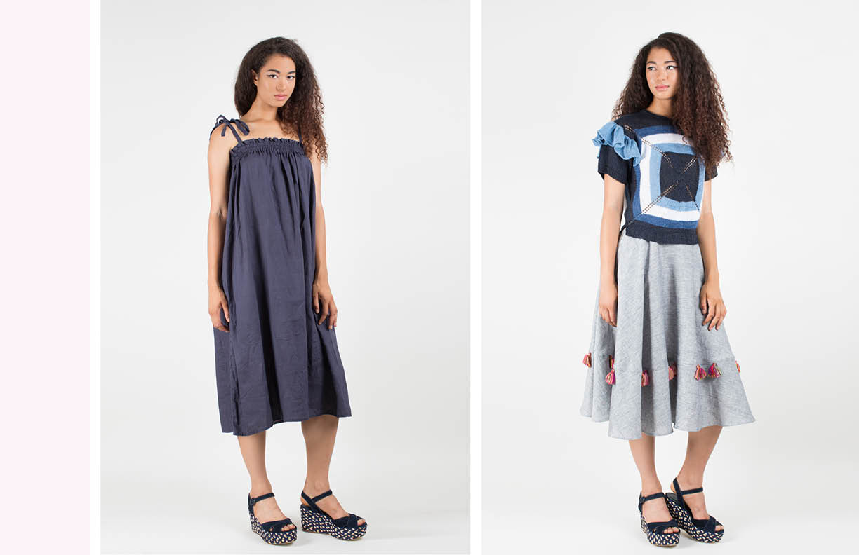  mar dress: navy delphine top, hand knit: indigo multi / josephine skirt with tassels: light gray 