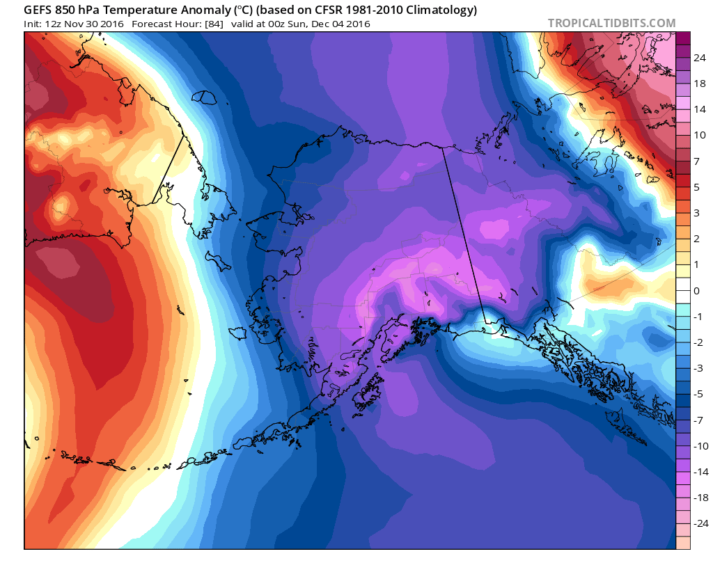 12Z GEFS 850 mb temperature anomalies for Alaska on Saturday night; map courtesy tropicatidbits.com, NOAA