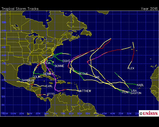 Storm tracks in the Atlantic Basin during the 2016 tropical season; map courtesy Unisys