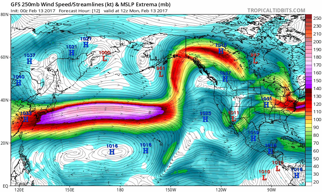 Computer forecast models indicate a powerful jet stream will continuously pound California over the next ten days and bring copious amounts of moisture from off of the Pacific Ocean into the state.  This 10-day loop of predicted upper-level winds at 250 mb are in 6-hour increments from today until Thursday, February 23rd; maps courtesy tropicaltidbits.com, NOAA/EMC (GFS)