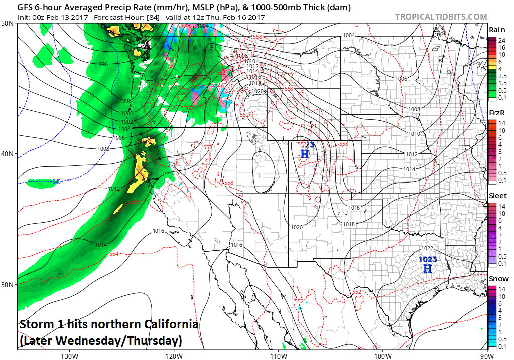 The next storm arrives in northern California later Wednesday and lasts into Thursday; map courtesy tropicatidbits.com, NOAA/EMC