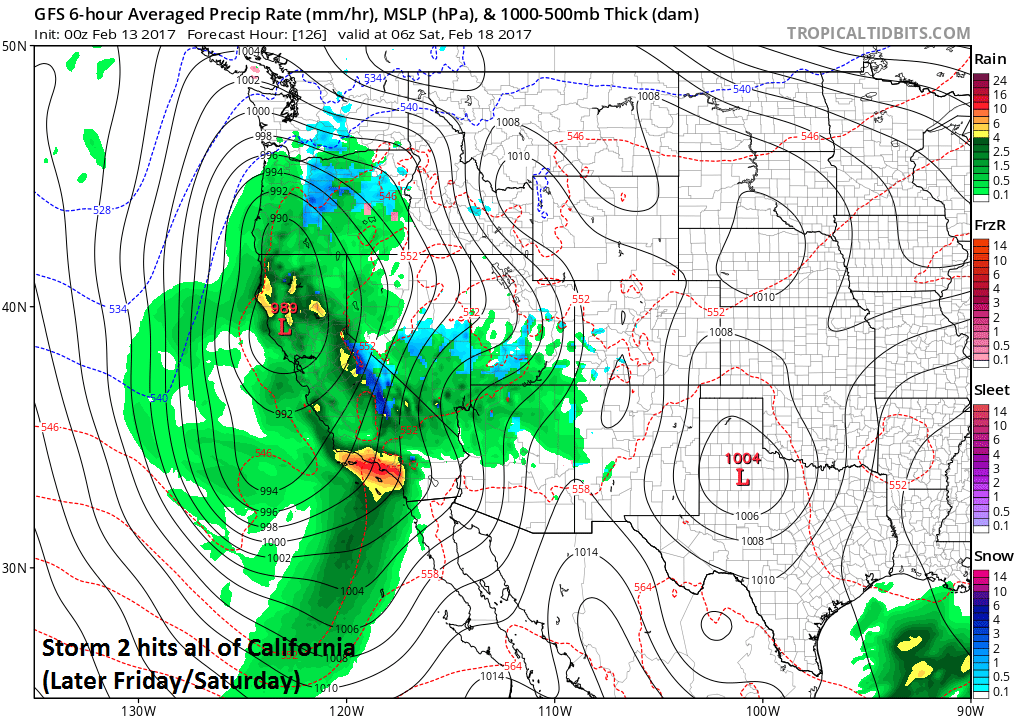 A second storm is likely to arrive in California by the upcoming weekend and this system is likely to impact the entire state; map courtesy tropicatidbits.com, NOAA/EMC