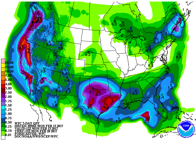 7-day total precipitation amounts as predicted by NOAA forecasters with high amounts in California