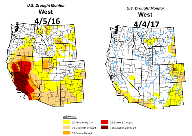 Western US drought conditions from one year ago (left) to current (right); courtesy NOAA/CPC