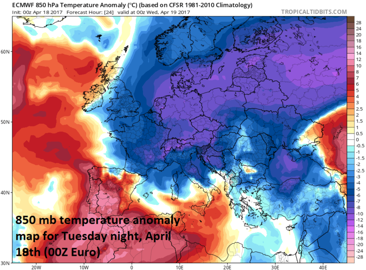 Lower atmosphere (850 mb, ~5000 feet) temperature anomaly forecast map for tonight across Europe by the 00Z Euro model; map courtesy tropicaltidbits.com