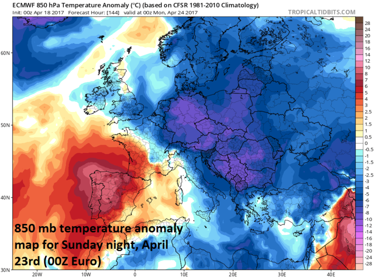 Lower atmosphere (850 mb, ~5000 feet) temperature anomaly forecast map for Sunday night, April 23rd across Europe by the 00Z Euro model; map courtesy tropicaltidbits.com