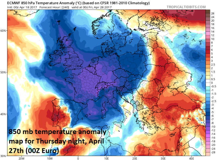 Lower atmosphere (~5000 feet) temperature anomaly forecast map for Thursday night, April 27th across Europe by the 00Z Euro model; map courtesy tropicaltidbits.com