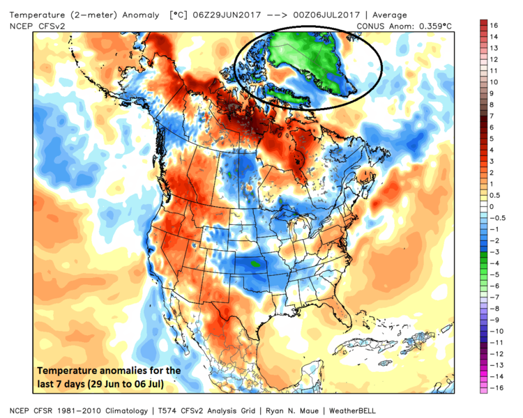 Temperature anomalies for the past 7 days with much colder-than-normal Greenland seen in the circled region; map courtesy Weather Bell Analytics at weatherbell.com