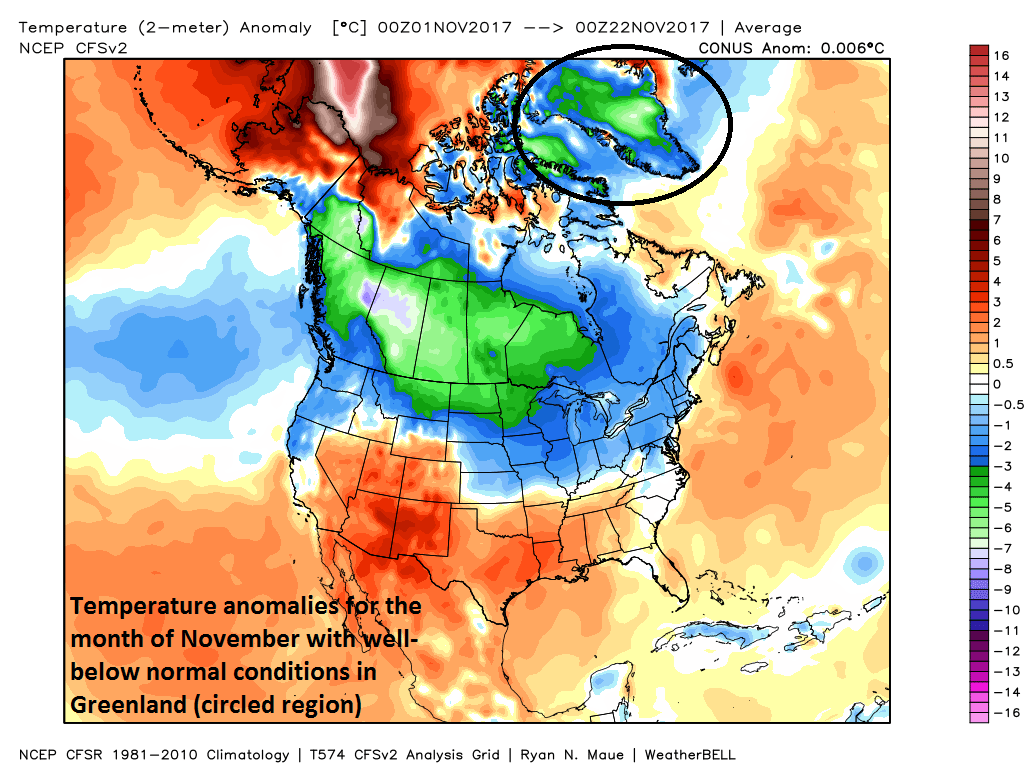 Temperature anomalies for the month of November so far featuring much colder-than-normal conditions in Greenland (circled); map courtesy Weather Bell Analytics