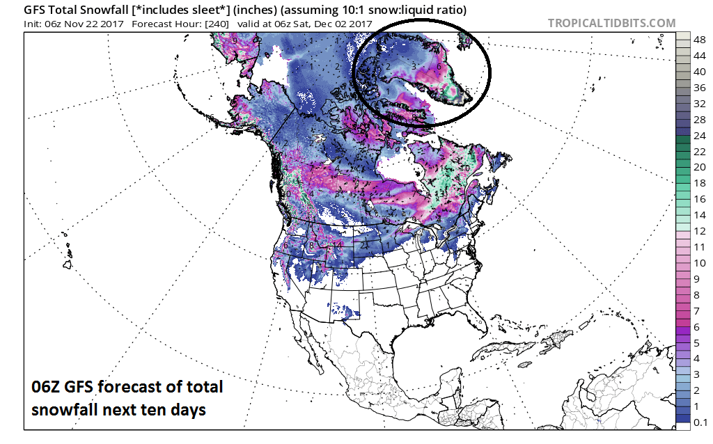 Significant additional snow is expected over Greenland during the next ten days; forecast map courtesy NOAA/EMC/06Z GFS