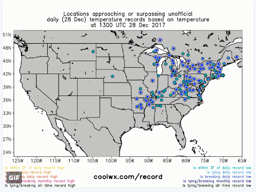 Cities with record or near record lows this morning; map courtesy coolwx.com