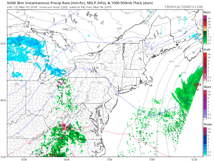 12Z high-resolution (3-km) NAM surface forecast maps from&nbsp; hour 30 to hour 60 (Tuesday afternoon-Wednesday evening).&nbsp; Intense snow bands predicted over eastern PA, interior NJ on Wednesday (red); maps courtesy NOAA/EMC, tropicaltidbits.com