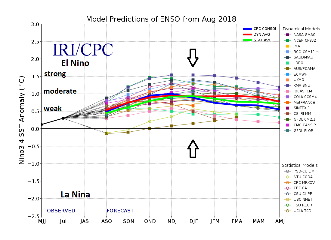  This graph show forecasts made by dynamical and statistical models for sea surface temperature anomalies in the “Nino 3.4” (central) region of the Pacific Ocean for nine overlapping 3-month periods. The vast majority of the models feature weak-to-moderate El Nino conditions by the upcoming winter season of December/January/February (indicated by arrows). Data source: International Research Institute for Climate and Society/Columbia University   