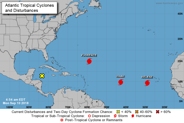  Latest positions of Florence, Isaac and Helene in the very active Atlantic Basin; courtesy NOAA/NHC 