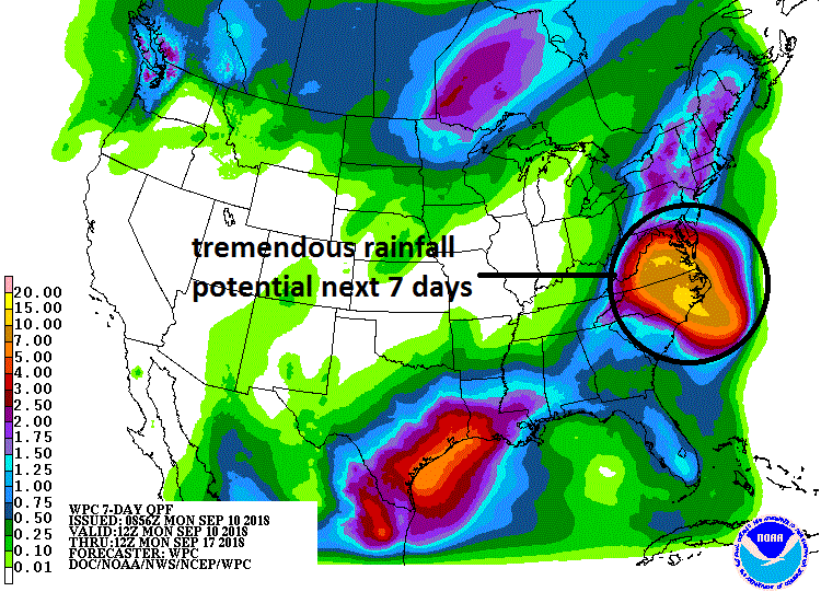  There is potential for tremendous rainfall amounts over the next seven days from Hurricane Florence in the Carolinas and much of the Mid-Atlantic region; courtesy NOAA/WPC 