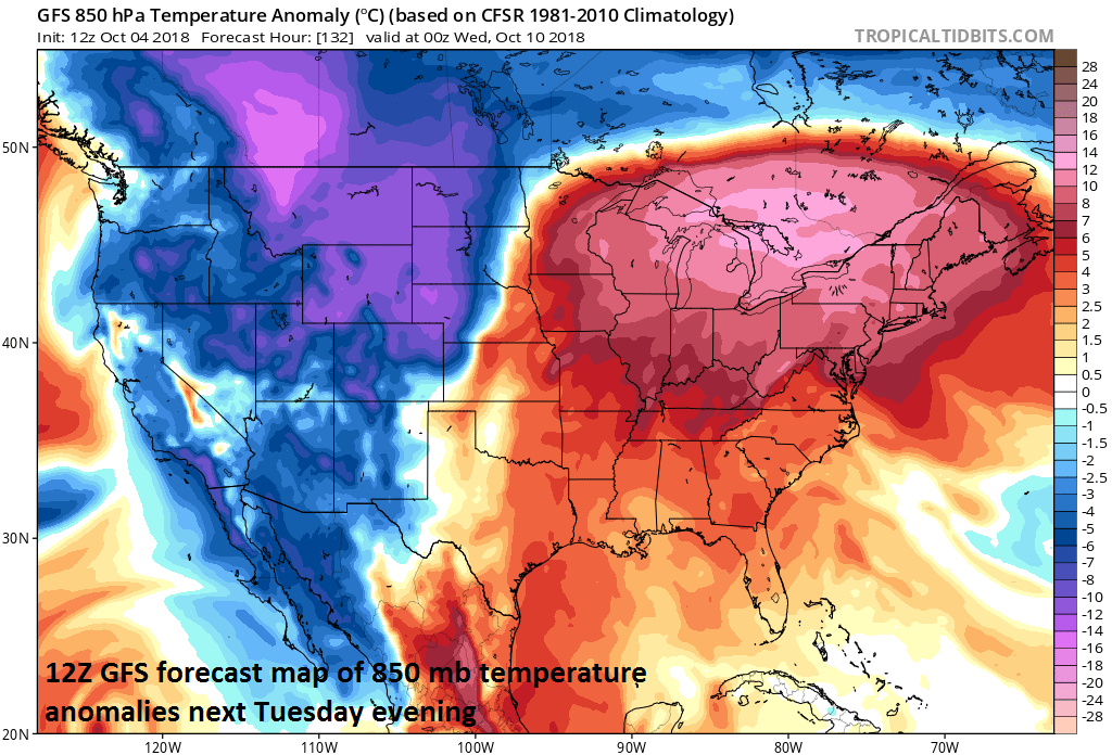  Warmer-than-normal conditions dominate next week in the eastern US at the same time a colder-than-normal weather sets up in the western US; courtesy NOAA, tropicaltidbits.com 