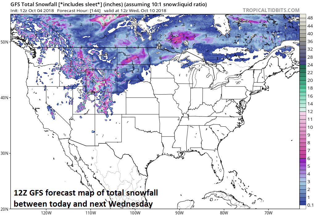  Snow may pile up next week in some of the higher elevation locations of the western US and Northern Plains; courtesy NOAA, tropicaltidbits.com 