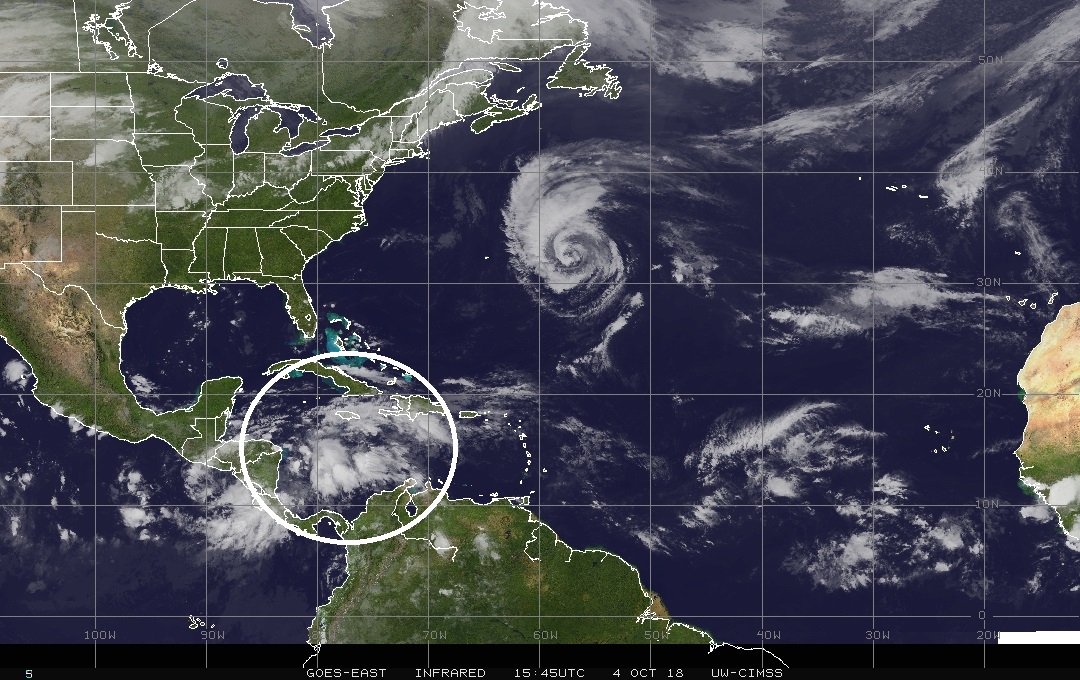  An area of interest in the Caribbean Sea (circled) where there is a tropical wave causing showers and thunderstorms. This system is increasingly likely to spill out over the Gulf of Mexico in coming days and perhaps have an impact on the Southeast US later next week. Meanwhile, Hurricane Leslie is located in the central Atlantic and it should not become a threat to the US.; courtesy NOAA, Wisconsin/CIMMS 