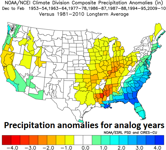  Precipitation anomalies for analog years featuring weak-to-moderate El Nino conditions in the central Pacific Ocean along with low solar activity; courtesy NOAA 