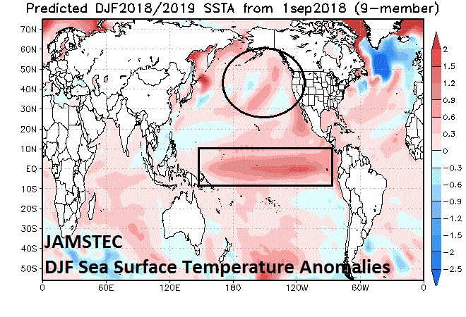  The Japan Agency for Marine-Earth Science and Technology (JAMSTEC) sea surface temperature anomaly forecast map for the upcoming winter season of December/January/February that also features an El Nino focused in the central part of the tropical Pacific Ocean and a large patch of warmer-than-normal water in the Gulf of Alaska (base period for estimation of anomalies is 1983-2006). Source 