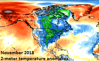  2-meter temperature anomalies for month of November 2018 across North America; courtesy Weather Bell Analytics 