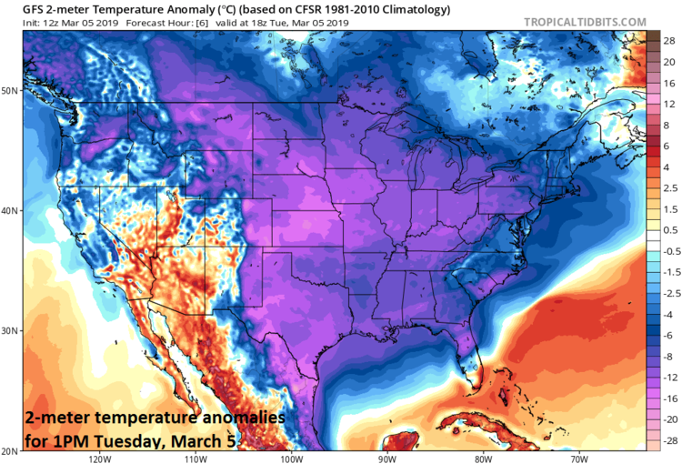 2-meter temperature anomalies for early this afternoon with colder-than-normal conditions virtually from coast-to-coast; courtesy NOAA/EMC, tropicaltidbits.com