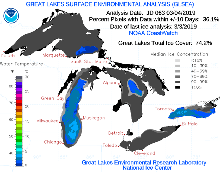 Great Lakes ice cover has increased to nearly 75% in recent days and should go even higher in this bitter cold; courtesy NOAA