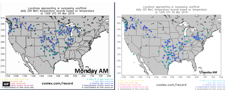 Record or near record low temperatures on Monday morning (left) and this morning (right); courtesy coolwx.com