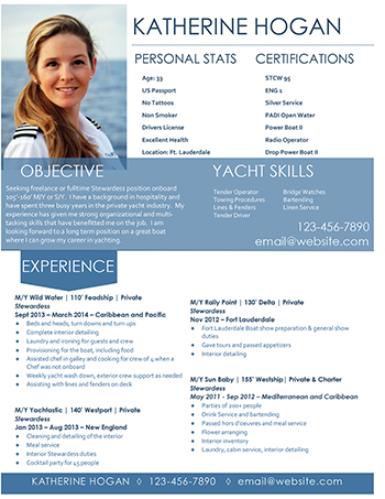yacht stewardess resume sample