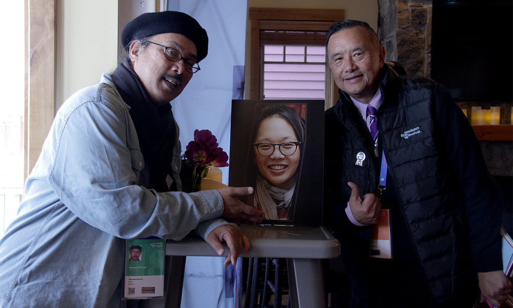  Visual Communications’ Abraham Ferrer and David Magdael of David Magdael &amp; Associates — the longest-tenured organizing members of the Asian Pacific Filmmakers Experience in Park City — recognize the work of the sadly-missed Irene Cho, a vital member of The Experience organizing team from 2013 through 2017. (Photo: Aubrey Magalang /Visual Communications Photographic Archive) 