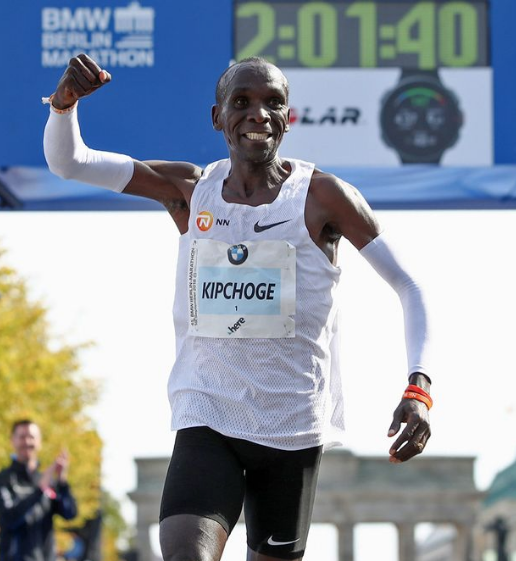 Eliud Kipchoge one second after smashing the world record at the Berlin Marathon.