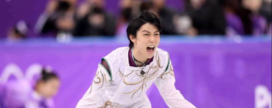 Yuzuru Hanyu reacts after his free skate at the 2018 Olympics, when he won a second straight Olympic gold. (Getty Images.)
