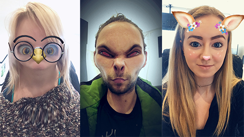Snapchat uses augmented reality in their filters which keeps the virtual glasses, ears, face changes attached the face while on the screen. (Little team photo!)