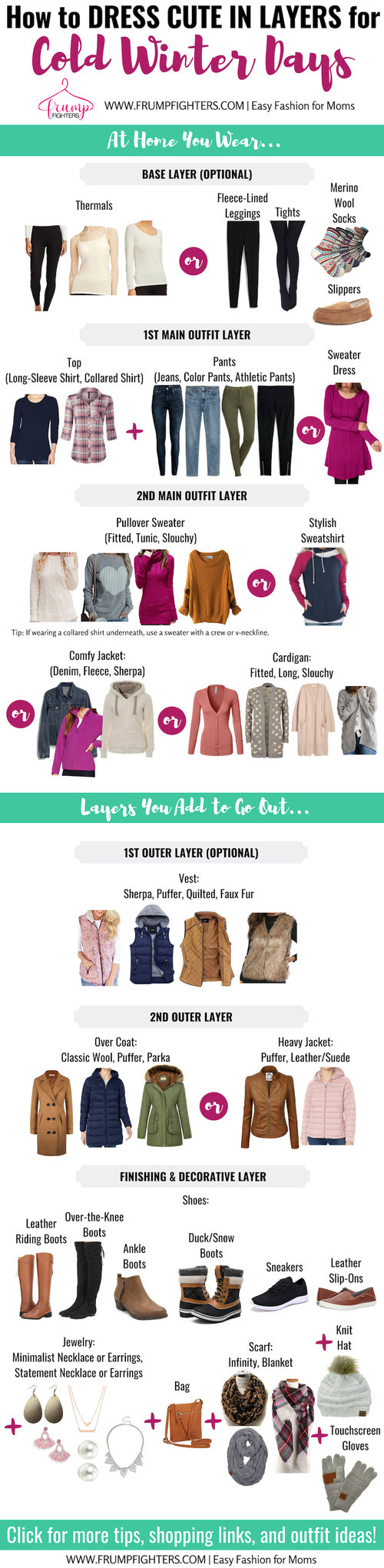 This chart is incredible! It shows you all the simple comfy ways to layer clothes for winter including sweaters, jeans, shoes, leggings, dresses. Warm winter outfits clearly don’t need to be frumpy! This shows me how to layer clothes for cold weather to create cozy but cute outfits on a budget. Click through to the blog post too… it has a list of winter wardrobe essentials and outfit ideas with pictures! #winteroutfits #howtowear #cozy #momstyle