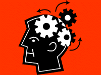 Illustration of a person in profile view with moving gears around the head symbolizing intense thought