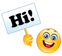 Large smiley-face emoji holding a sign with Hi! in bold black letters