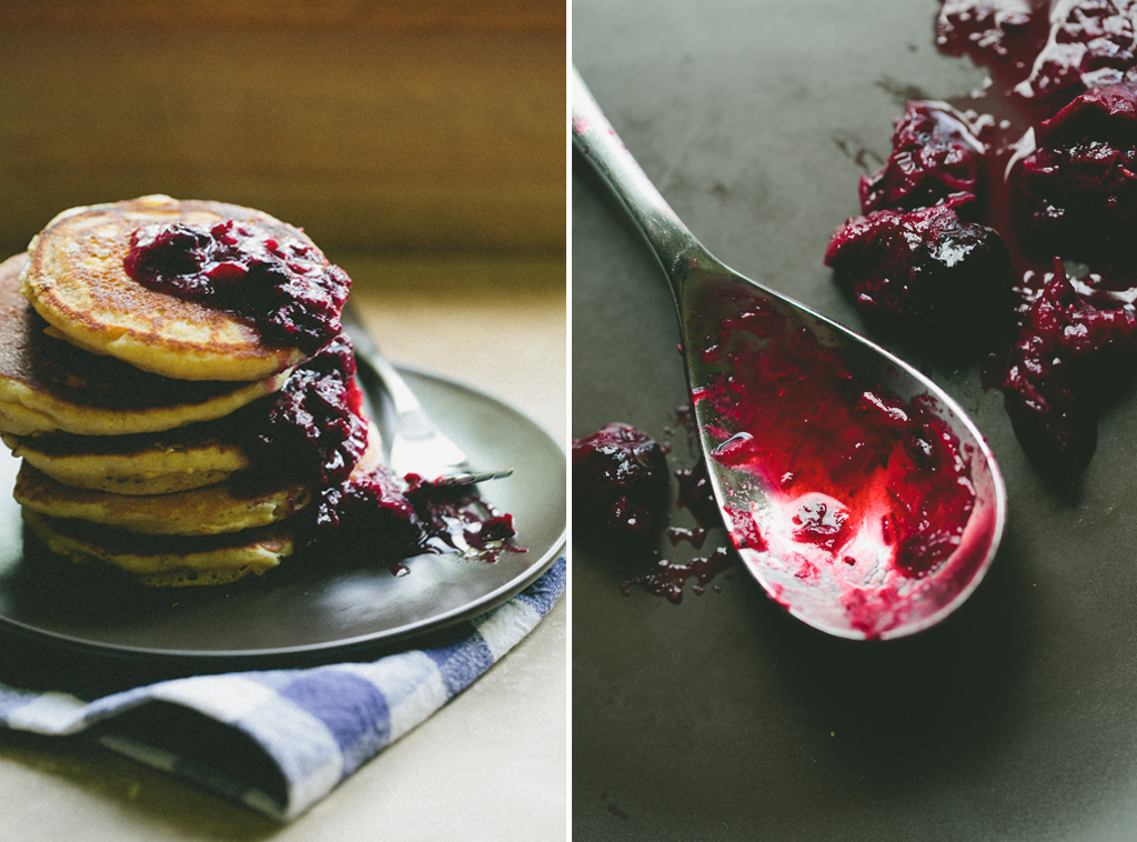 Cornmeal Pancakes + Blueberry-Rhubarb Compote — A Thought For Food