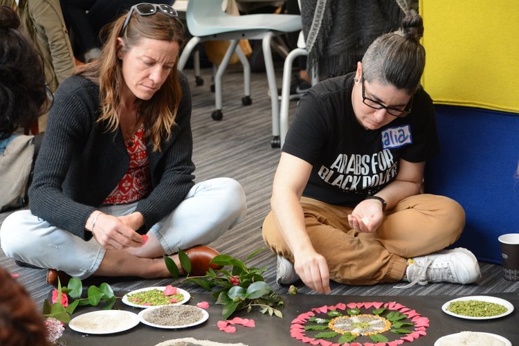 Agency  by  Design Oakland Fellows participate in nature mindful mandalas as a restorative community healing activity before and during their teacher inquiry during a March daylong meeting.