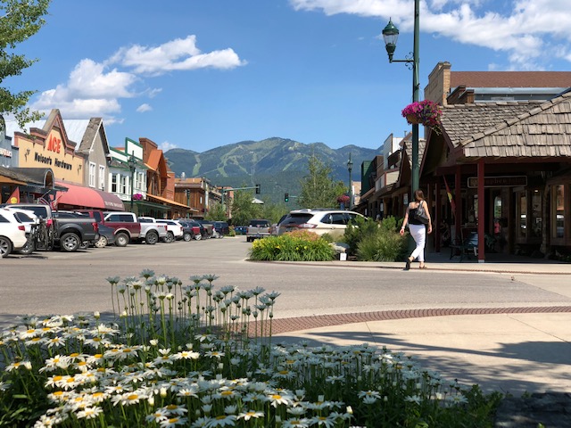 Whitefish, Montana, population 7,000, is a popular destination for summer and winter sports. You can see the ski slopes in the background.