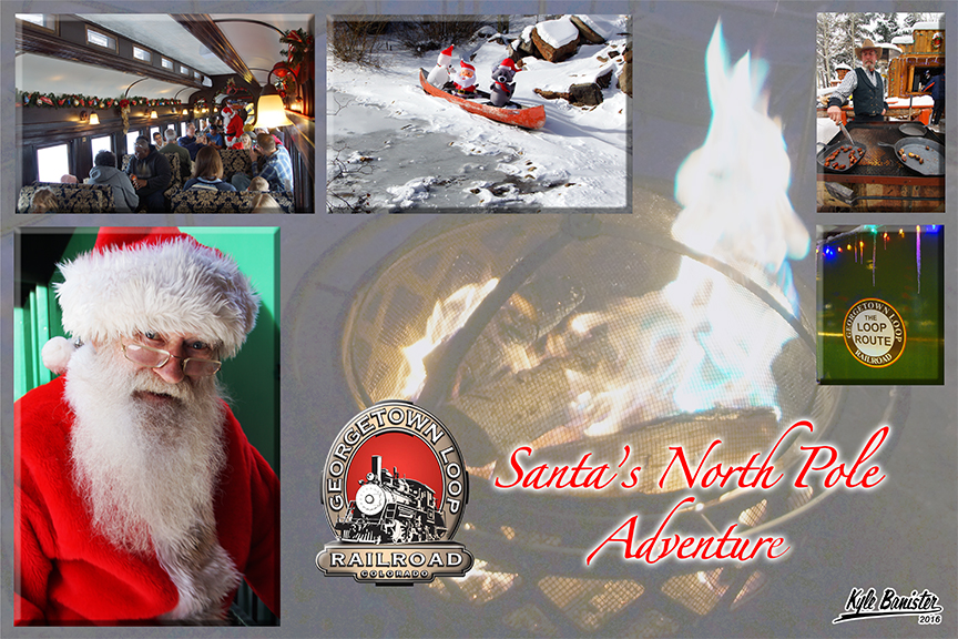 One of the most popular specialty trains at the historic Loop, this collage of photos features Santa's North Pole Adventure. A photo of a smiling santa, decorations on the Georgetown Loop Park property, and Santa visiting guests on the train gives the viewer a sense of what happens when they board this fantastic train tour.